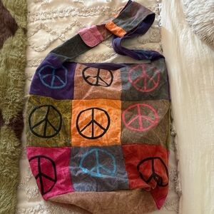 Source Unknown Purple Pink Orange Multi-Color Patchwork Peace Sign Shoulder Bag